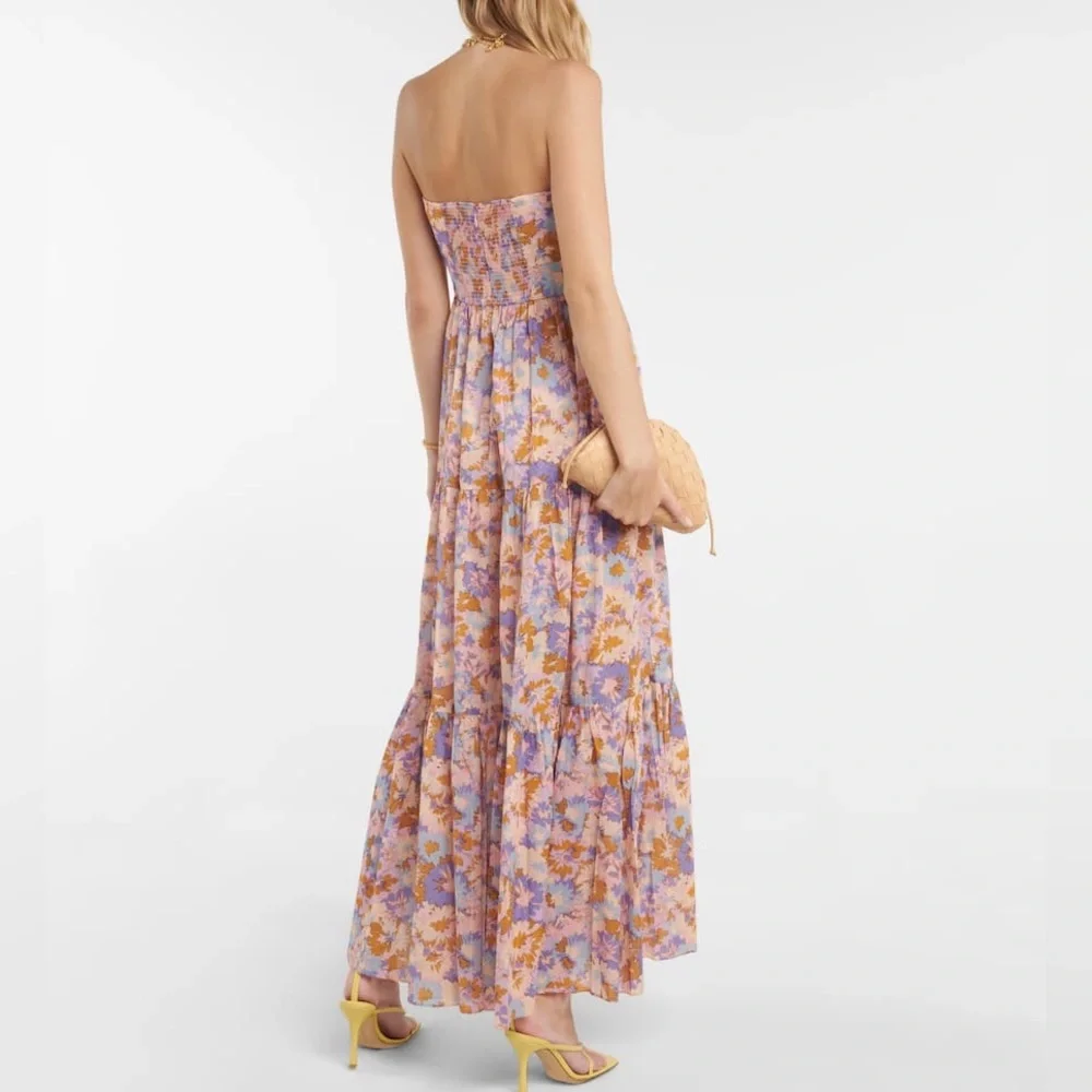 ZIMMERMANN Floral Print Cutout Strapless Tiered Midi Dress in Purple Floral - Picture 5 of 13